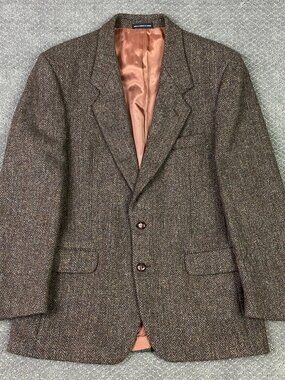 Harris Tweed Herringbone Blazer Sport Coat 40R Brown Green Wool Tweed Vintage